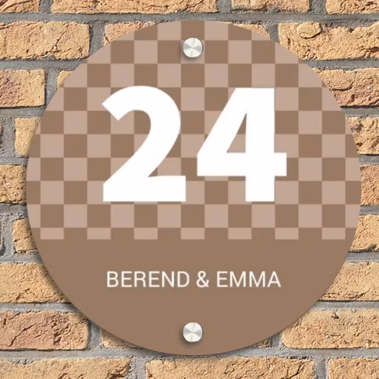 Bruin - Blokjes - Klassiek Naambord Rond klein -sfeer1