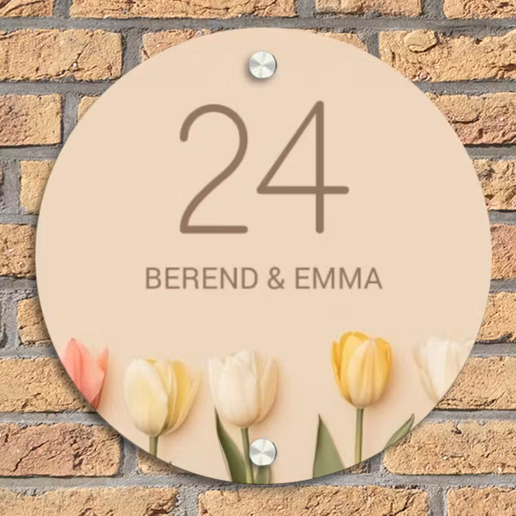 Gekleurde tulpen beige achtergrond - Klassiek Naambord Rond klein -sfeer1