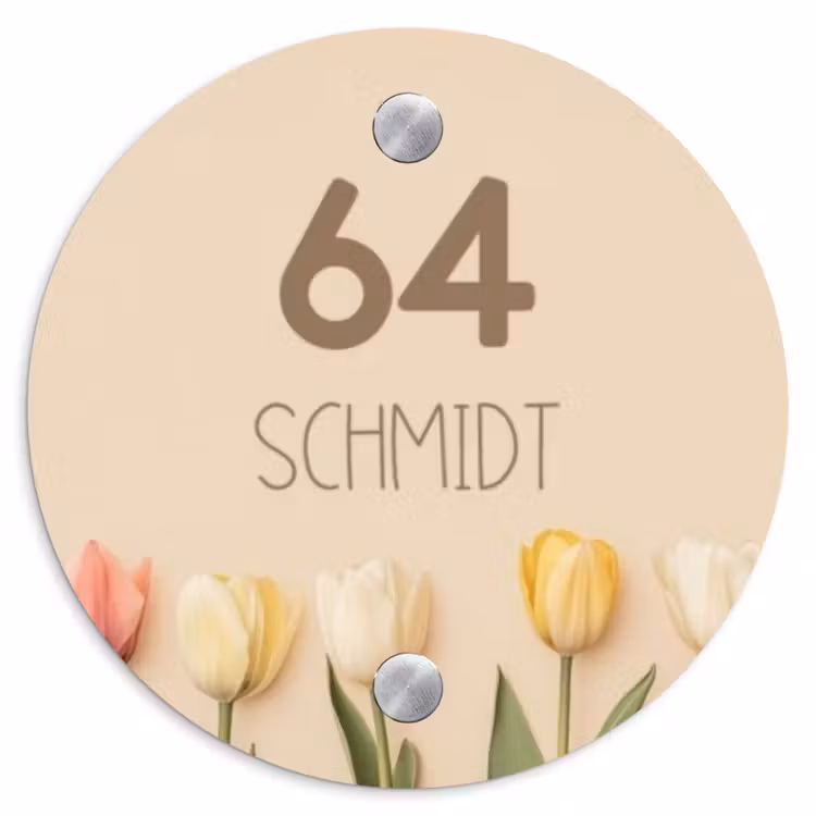 Gekleurde tulpen beige achtergrond - Modern Naambord Rond klein -3d