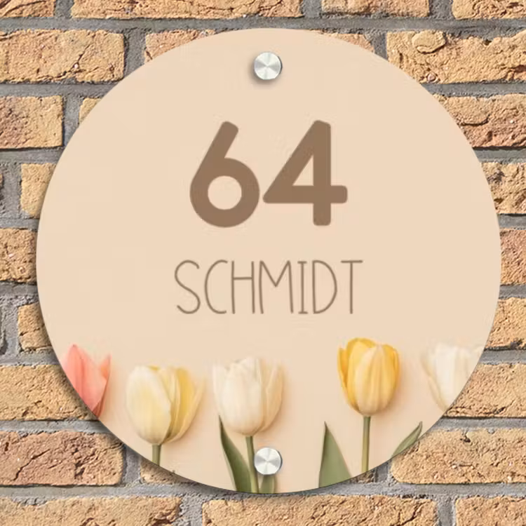 Gekleurde tulpen beige achtergrond - Modern Naambord Rond klein -sfeer1