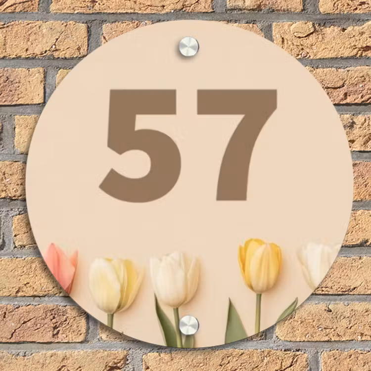 Gekleurde tulpen beige achtergrond - Traditioneel Naambord Rond klein -sfeer1