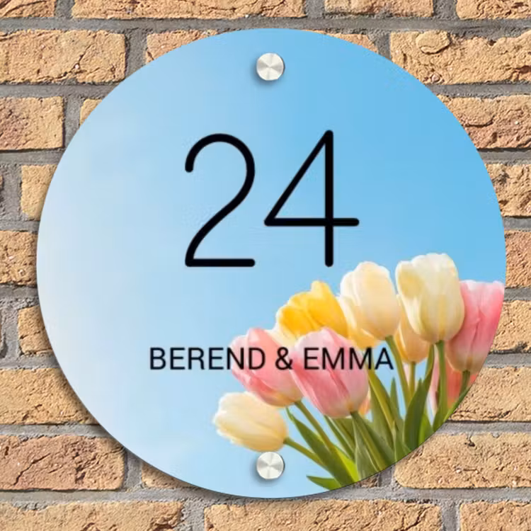 Gekleurde tulpen lucht - Klassiek Naambord Rond klein -sfeer1