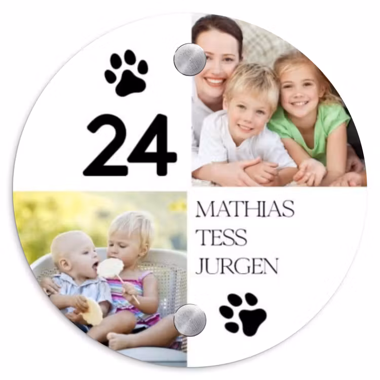 Familieportret met pootafdrukken - Klassiek Naambord Rond klein -3d