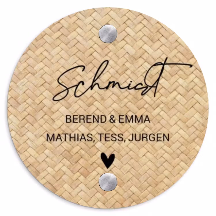 Gevlochten - Riet - Sierlijk Naambord Rond klein -3d
