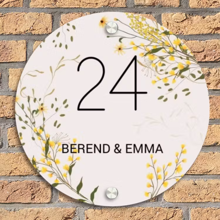 Gele bloemen - Klassiek Naambord Rond klein -sfeer1