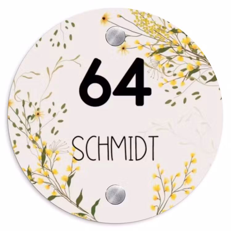 Gele bloemen - Modern Naambord Rond klein -3d