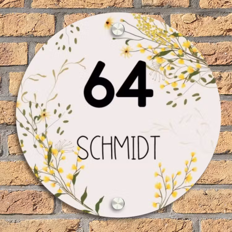 Gele bloemen - Modern Naambord Rond klein -sfeer1
