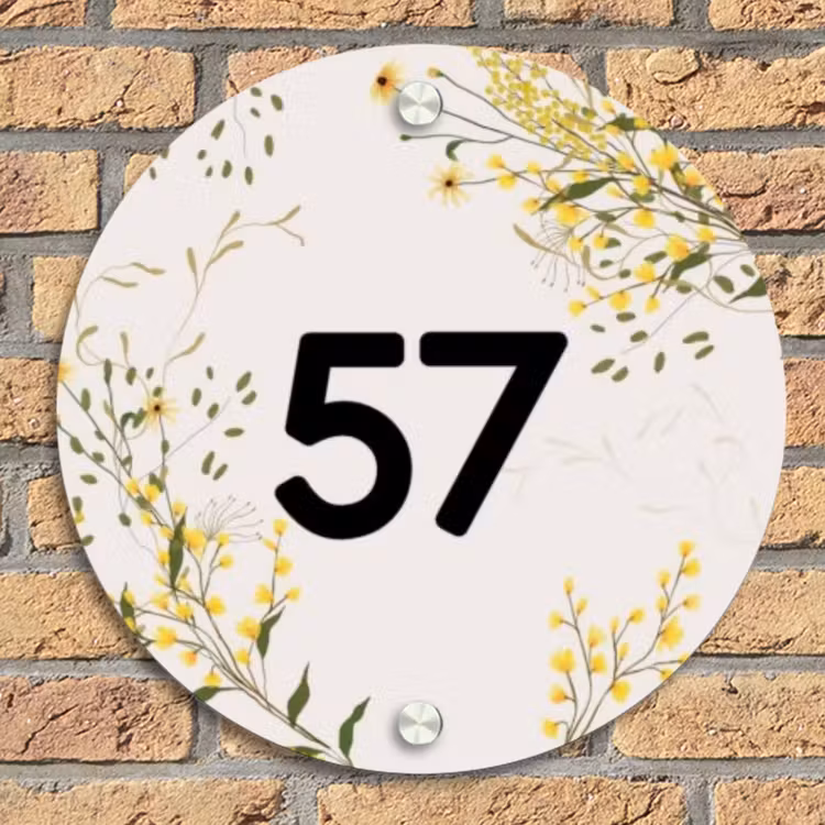Gele bloemen - Traditioneel Naambord Rond klein -sfeer1