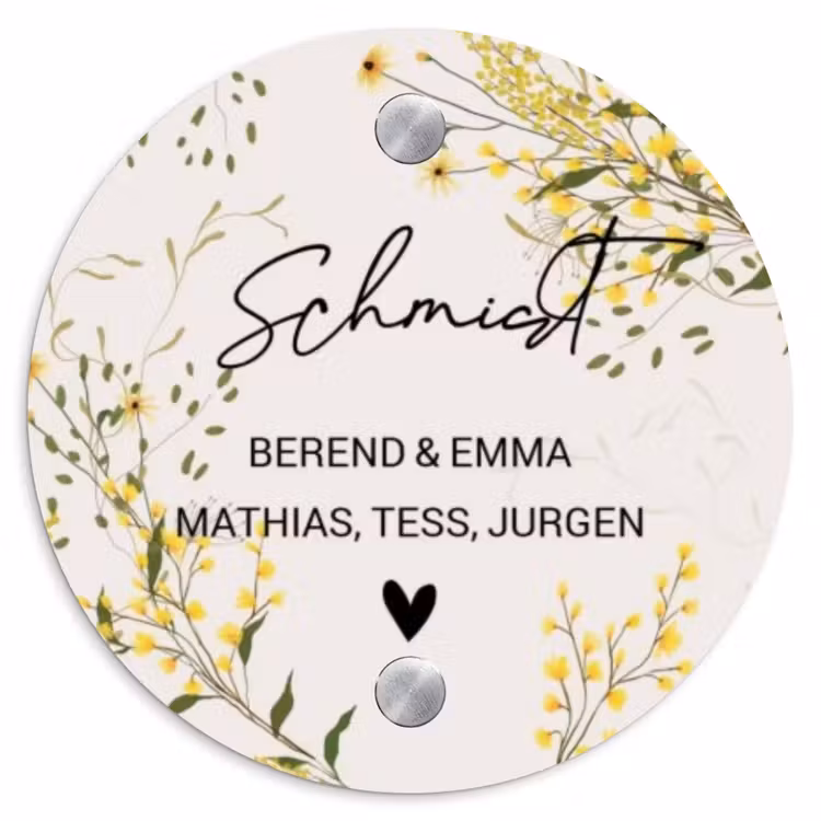 Gele bloemen - Sierlijk Naambord Rond klein -3d