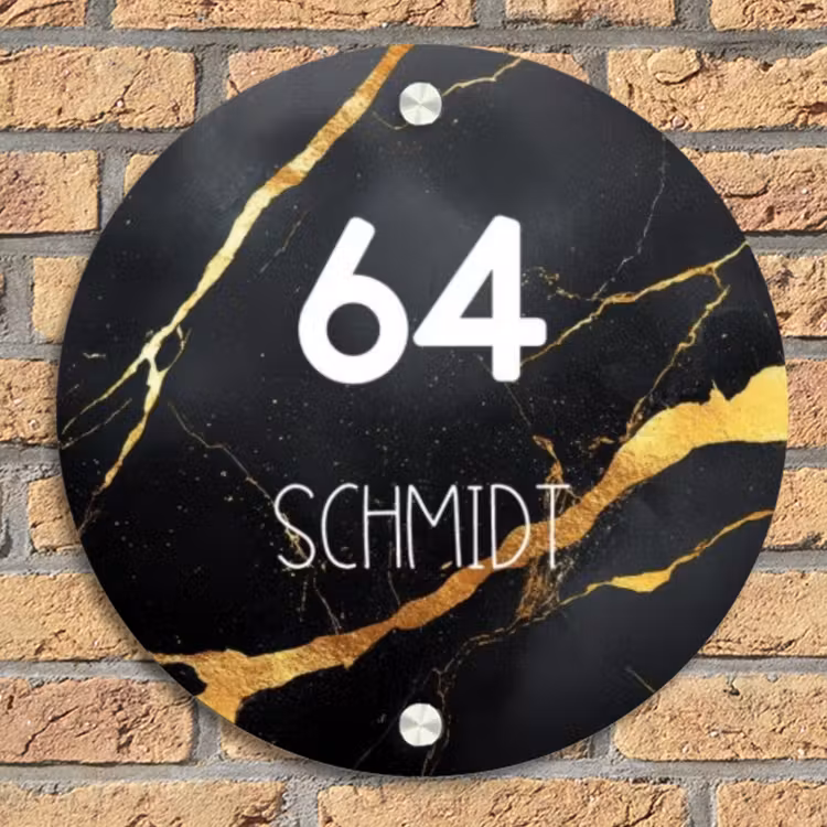 Goud zwart marmer - Modern Naambord Rond klein -sfeer1