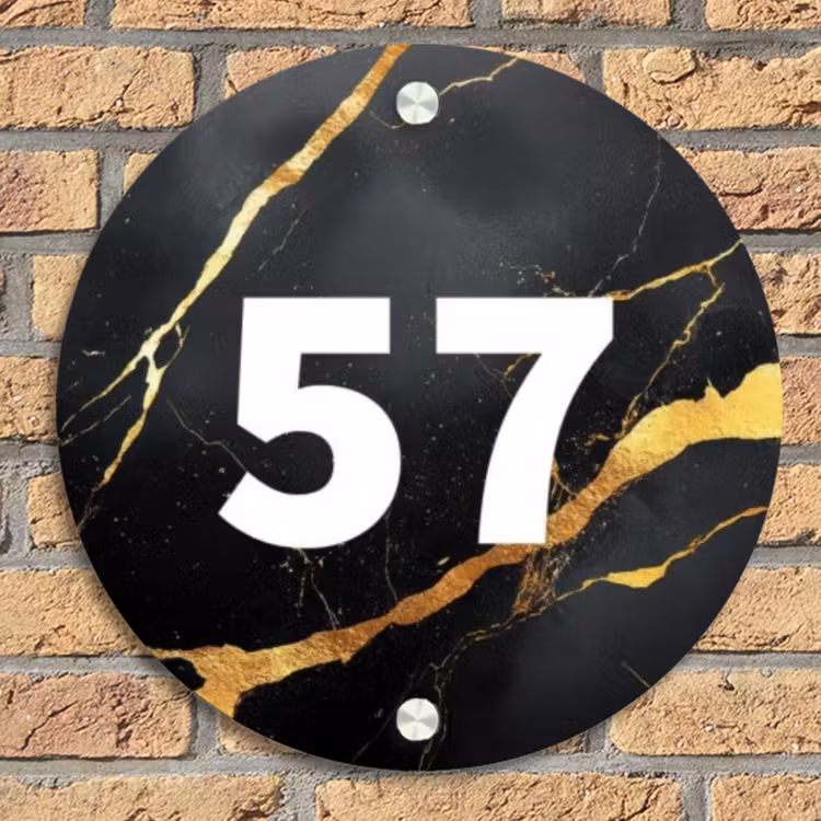 Goud zwart marmer - Modern Naambord Rond klein -sfeer1