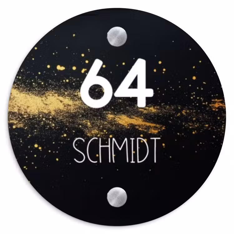 Gouden verfspatten - Modern Naambord Rond klein -3d