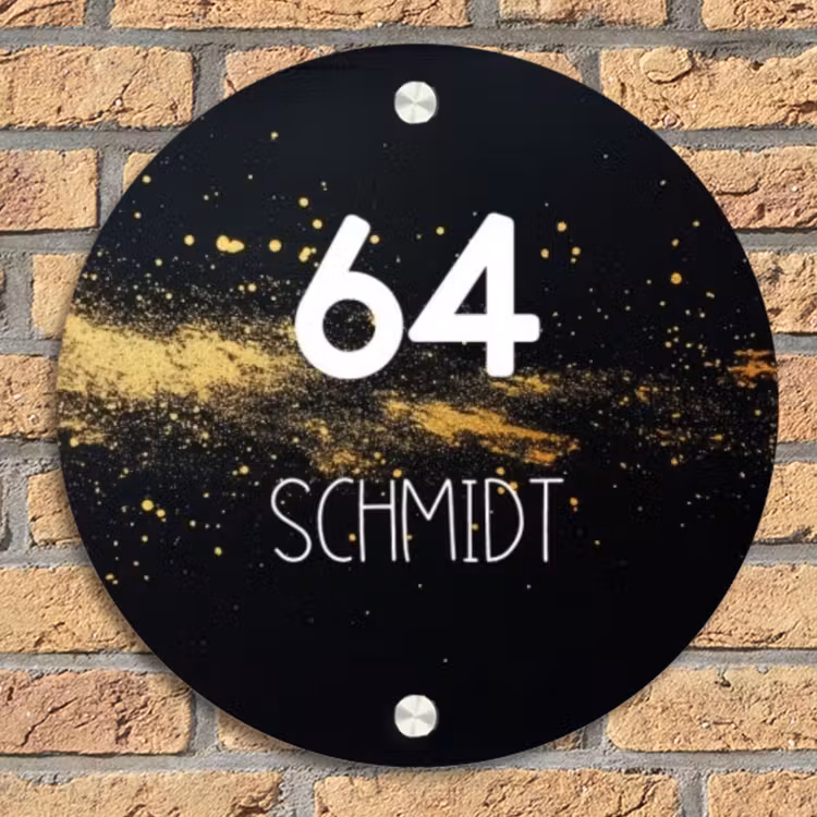 Gouden verfspatten - Modern Naambord Rond klein -sfeer1