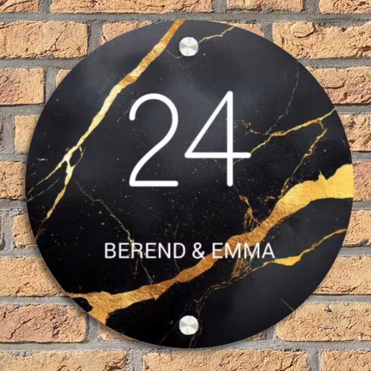 Goud zwart marmer - Klassiek Naambord Rond klein -sfeer1