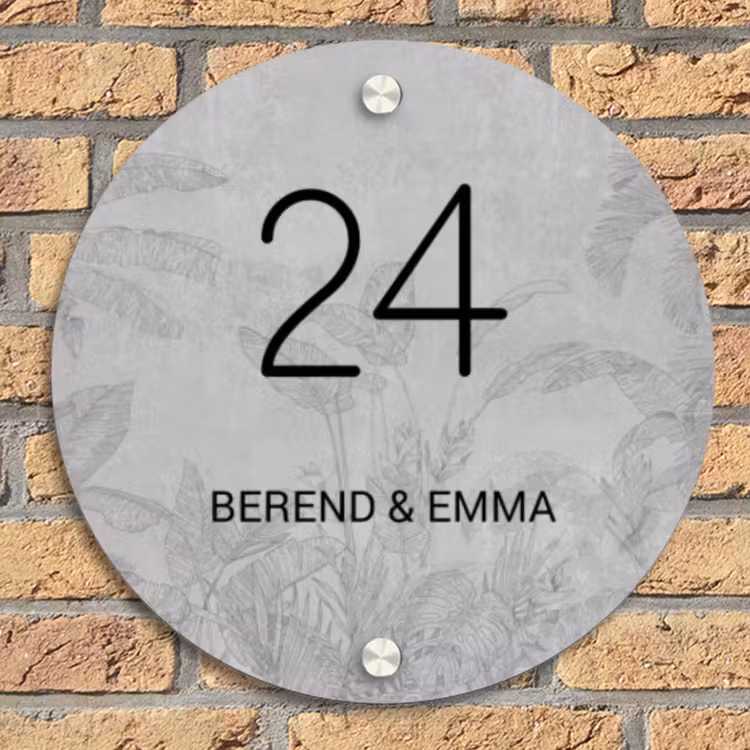 Grijs botanisch patroon - Klassiek Naambord Rond klein -sfeer1