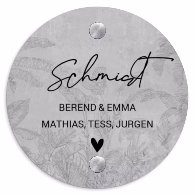 Grijs botanisch patroon - Sierlijk Naambord Rond klein -3d