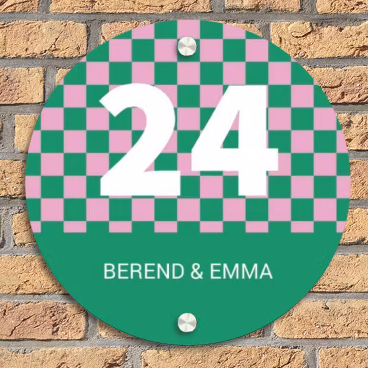 Groen - Roze - Blokjes - Klassiek Naambord Rond klein -sfeer1