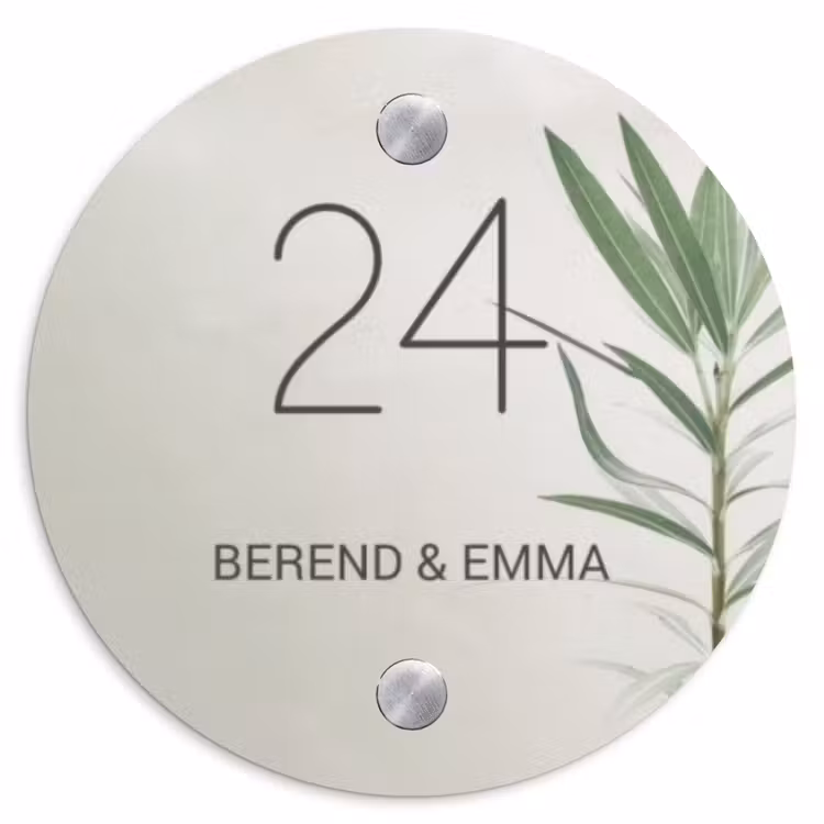 Lichtbeige met plant - Klassiek Naambord Rond klein -3d