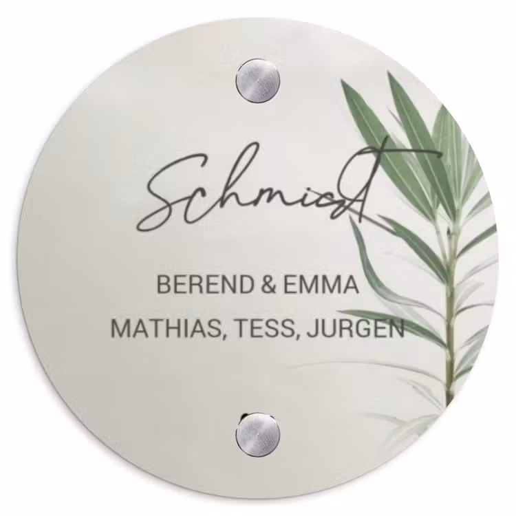 Lichtbeige met plant - Sierlijk Naambord Rond klein -3d