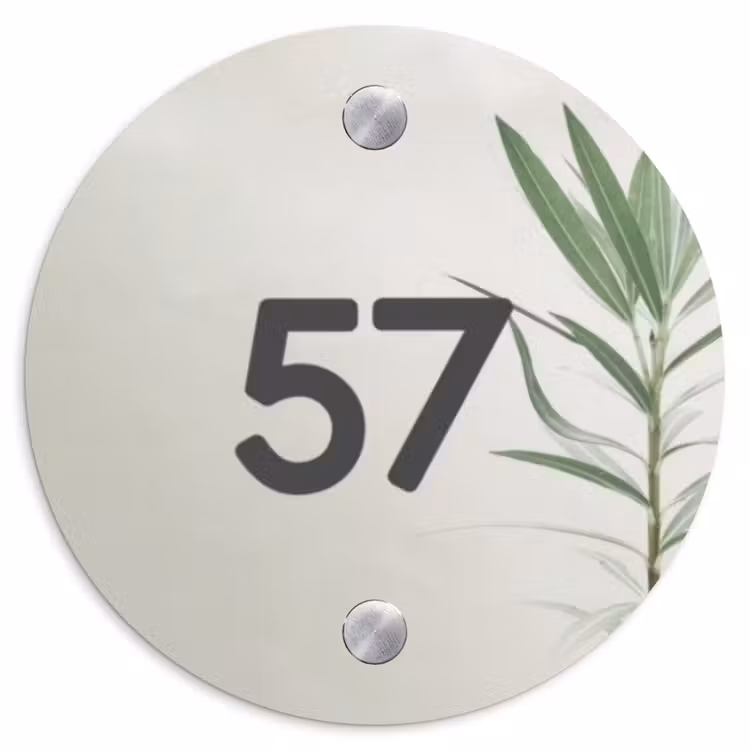 Lichtbeige met plant - Traditioneel Naambord Rond klein -3d