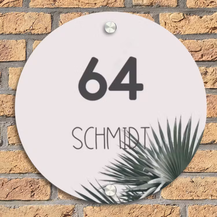 Lichtroze met palmblad - Modern Naambord Rond klein -sfeer1