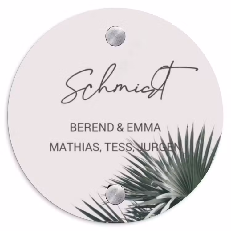 Lichtroze met palmblad - Sierlijk Naambord Rond klein -3d