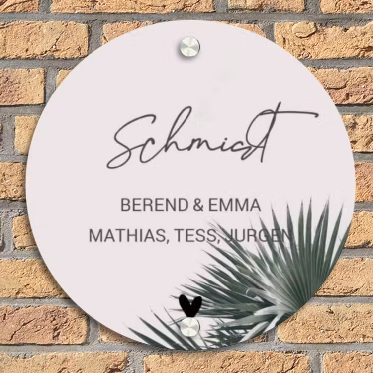 Lichtroze met palmblad - Sierlijk Naambord Rond klein -sfeer1