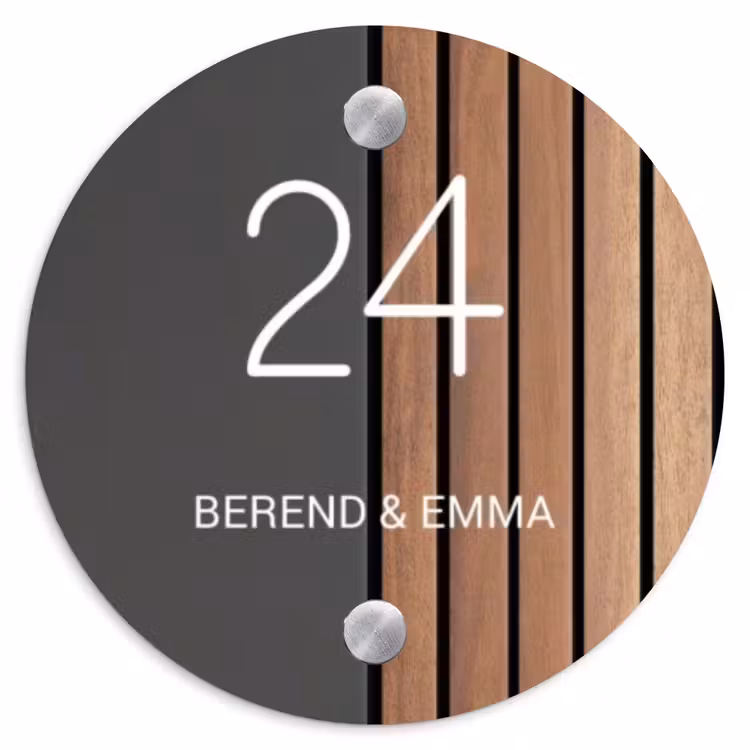 Hout en antraciet - Klassiek Naambord Rond klein -3d