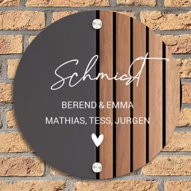 Hout en antraciet - Sierlijk Naambord Rond klein -sfeer1