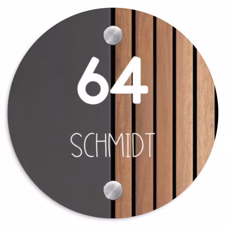 Hout en antraciet - Modern Naambord Rond klein -3d