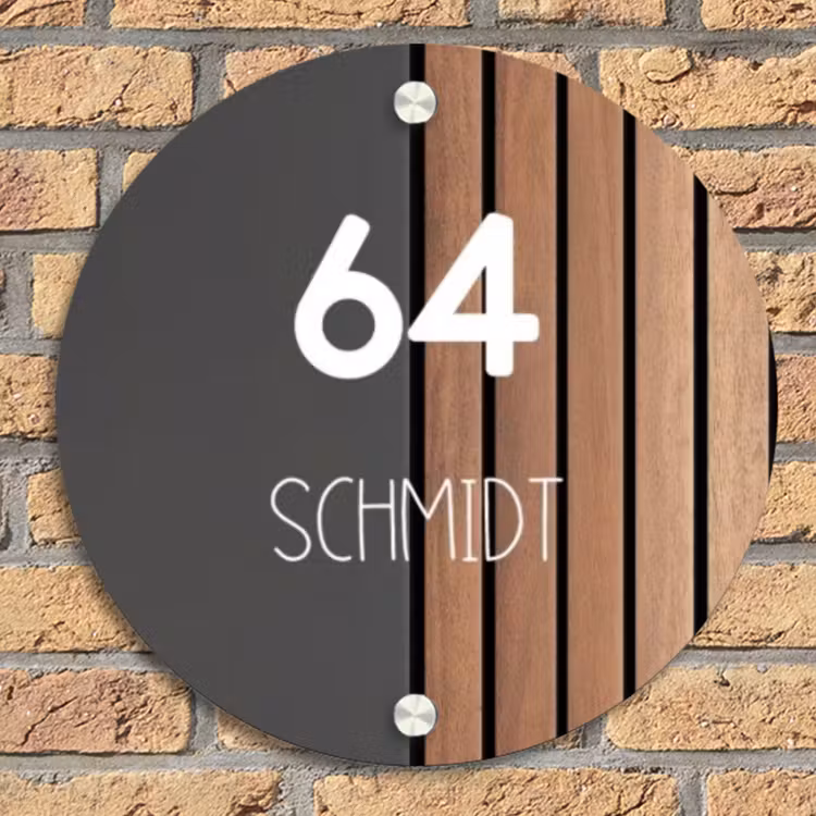 Hout en antraciet - Modern Naambord Rond klein -sfeer1