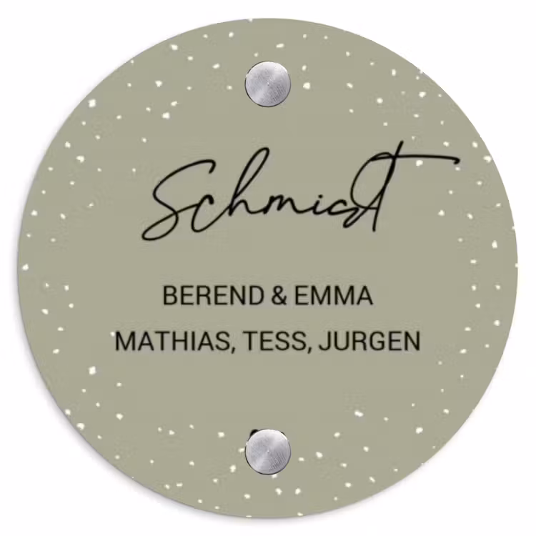 Olijfgroen met stippen - Sierlijk Naambord Rond klein -3d
