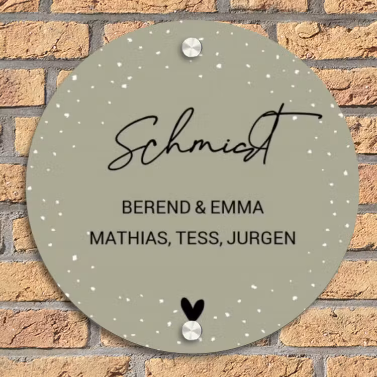 Olijfgroen met stippen - Sierlijk Naambord Rond klein -sfeer1