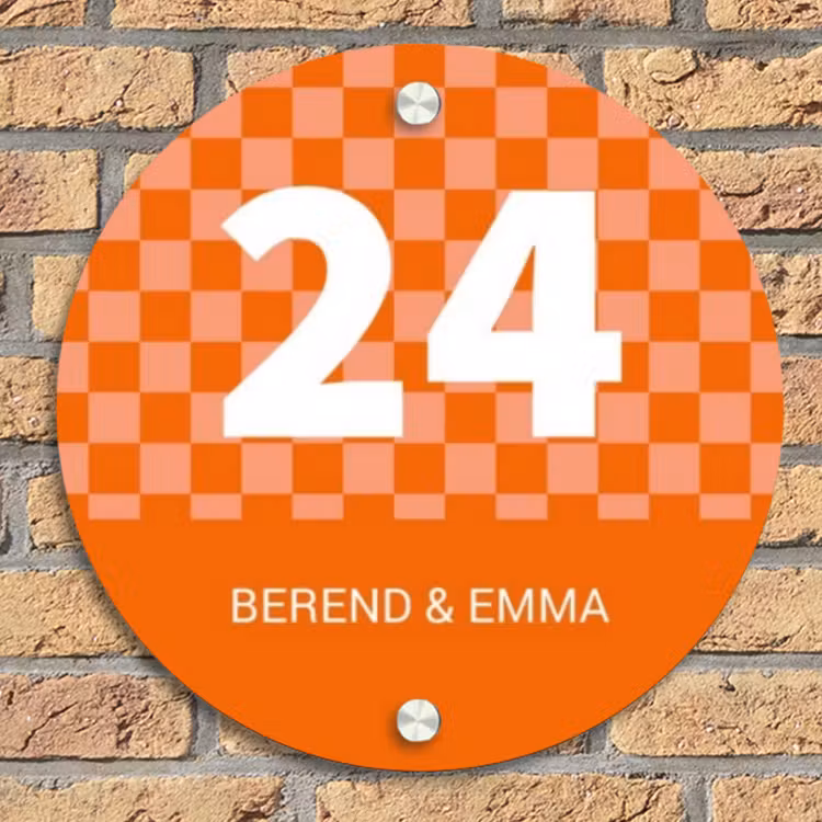 Oranje - Blokjes - Klassiek Naambord Rond klein -sfeer1
