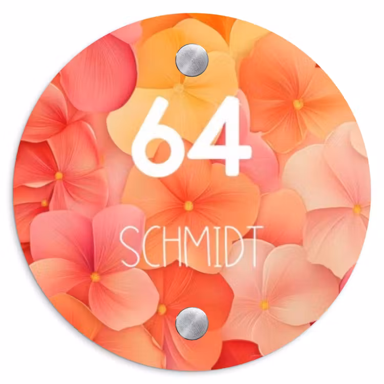 Oranje bloemenmix - Modern Naambord Rond klein -3d