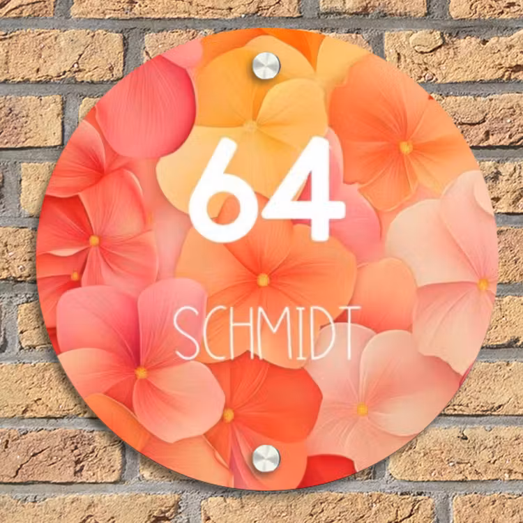 Oranje bloemenmix - Modern Naambord Rond klein -sfeer1