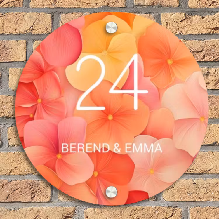 Oranje bloemenmix - Klassiek Naambord Rond klein -sfeer1
