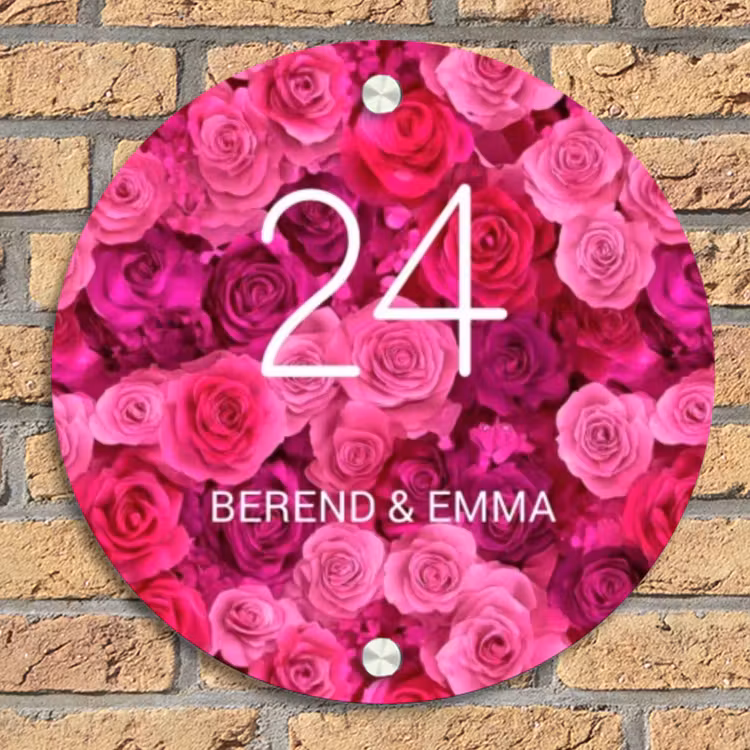 Roze rozen - Klassiek Naambord Rond klein -sfeer1
