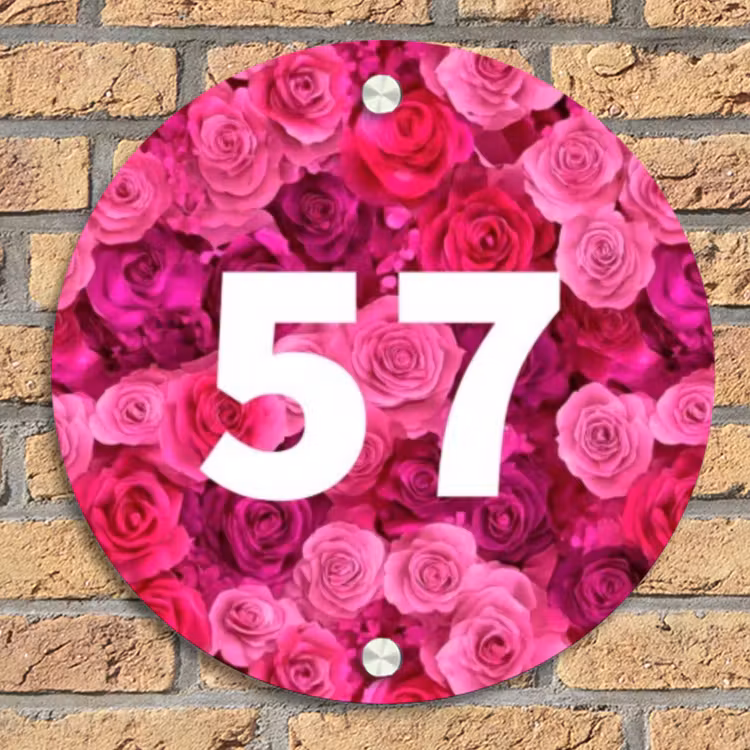 Roze rozen - Traditioneel Naambord Rond klein -sfeer1