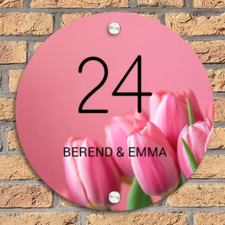 Roze tulpen - Klassiek Naambord Rond klein -sfeer1