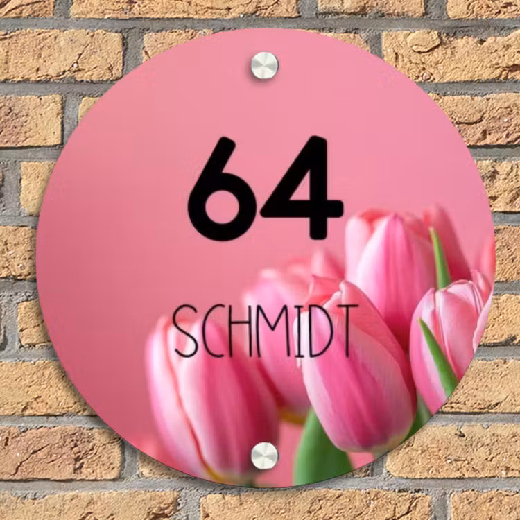 Roze tulpen - Modern Naambord Rond klein -sfeer1