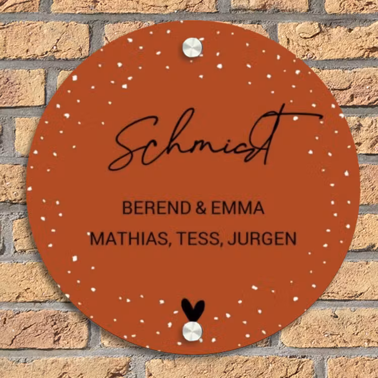 Roestbruin met stippen - Sierlijk Naambord Rond klein -sfeer1