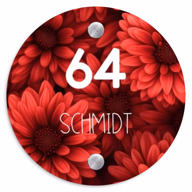 Rode bloemen - Modern Naambord Rond klein -3d