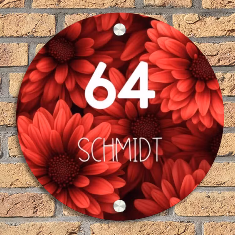 Rode bloemen - Modern Naambord Rond klein -sfeer1