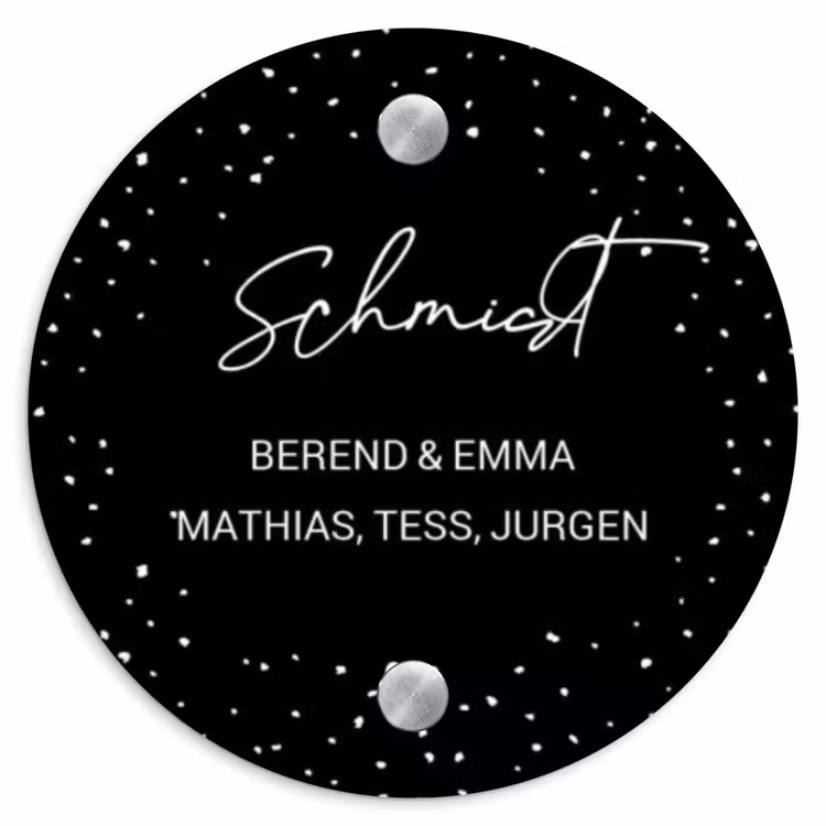 Zwart met stippen - Sierlijk Naambord Rond klein -3d