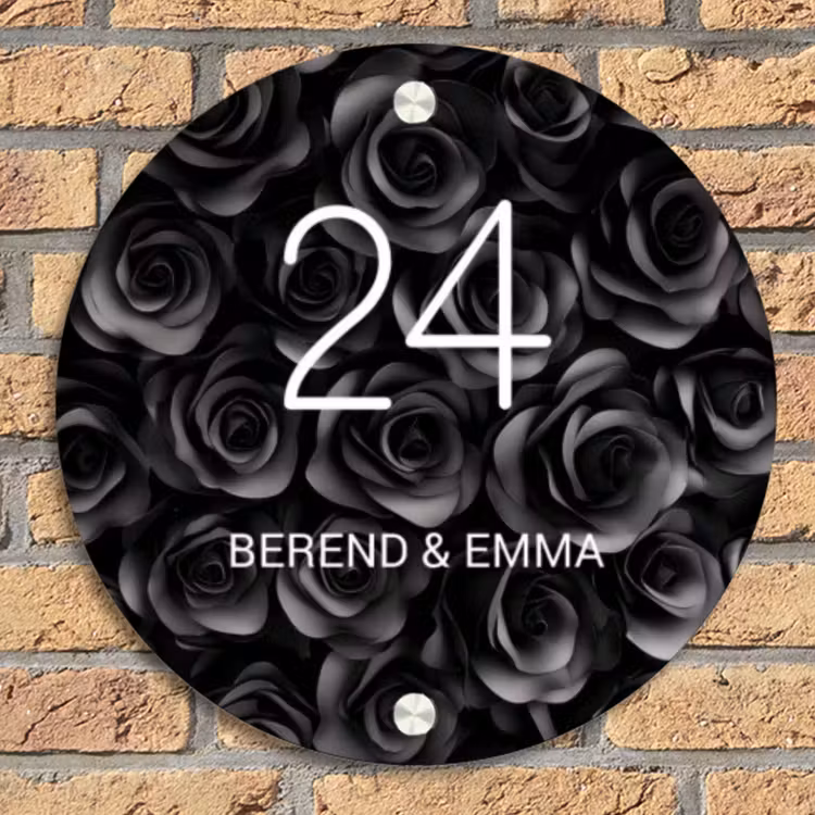 Zwarte rozen - Klassiek Naambord Rond klein -sfeer1