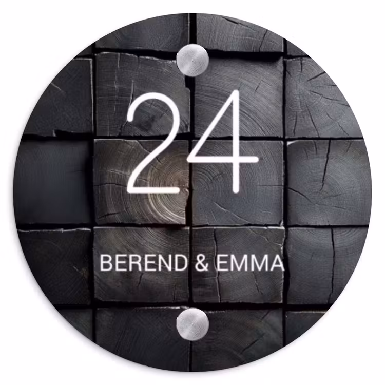 Zwarte houtblokken - Klassiek Naambord Rond klein -3d