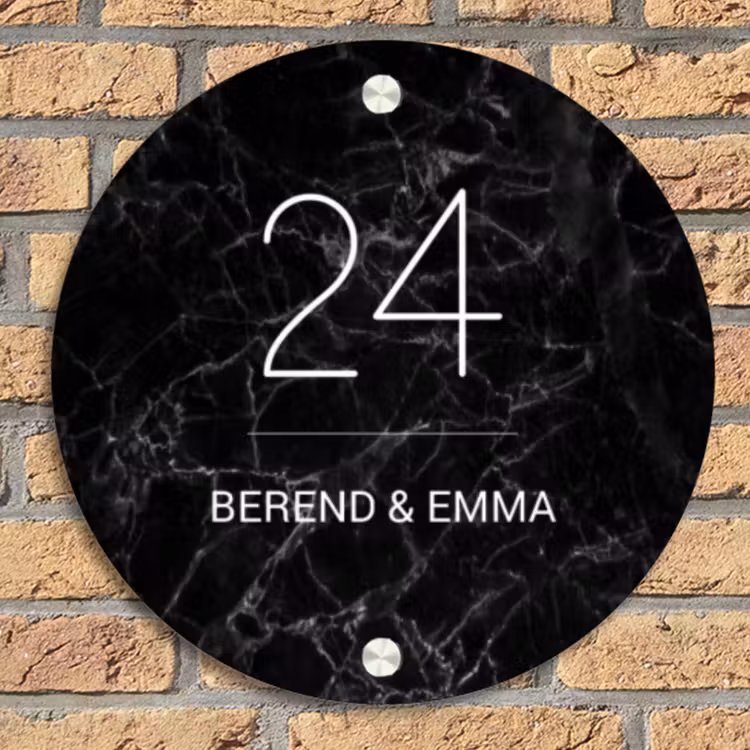 Zwarte marmer - Klassiek Naambord Rond klein -sfeer1