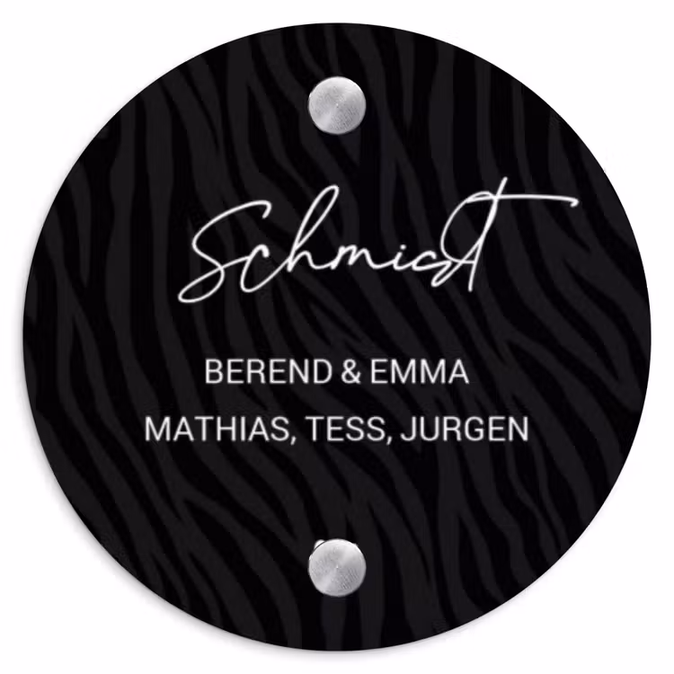 Zwart zebraprint - Sierlijk Naambord Rond klein -3d