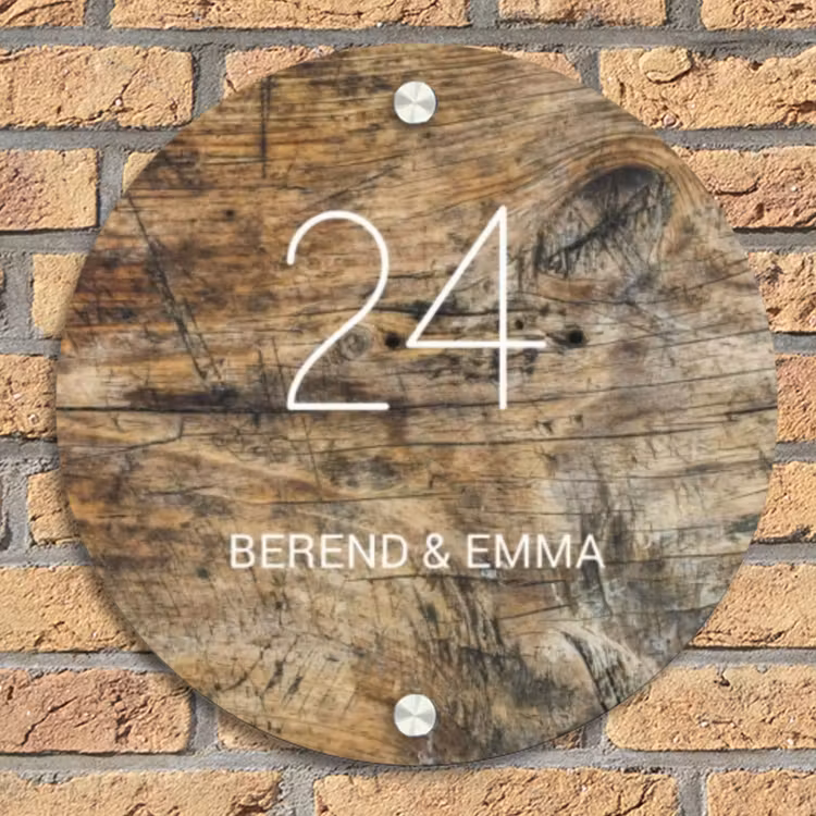 Verweerd hout - Klassiek Naambord Rond klein -sfeer1